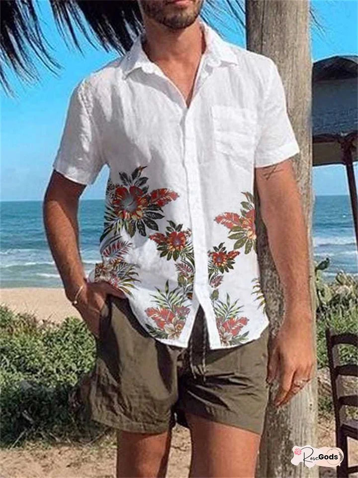 Men's Short Sleeve Lapel Shirt Printed White Blue Brown Gray