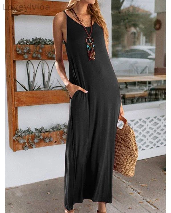 Women Casual Maxi Dress Solid Color