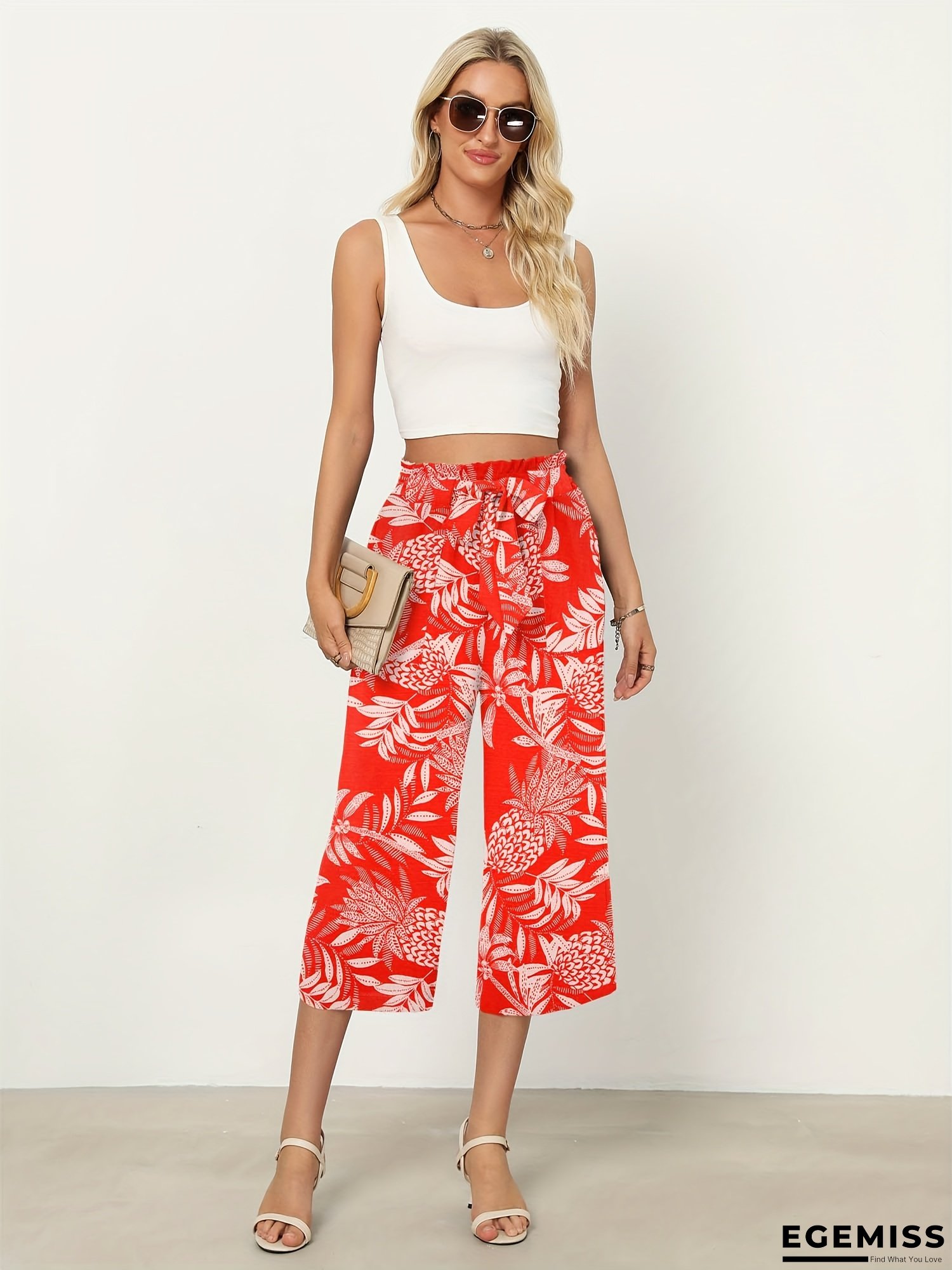 Women's Floral Print Wide-Leg Pants with Drawstring Waist - Casual Versatile High-Waisted Tied Belt Cropped Trousers | EGEMISS