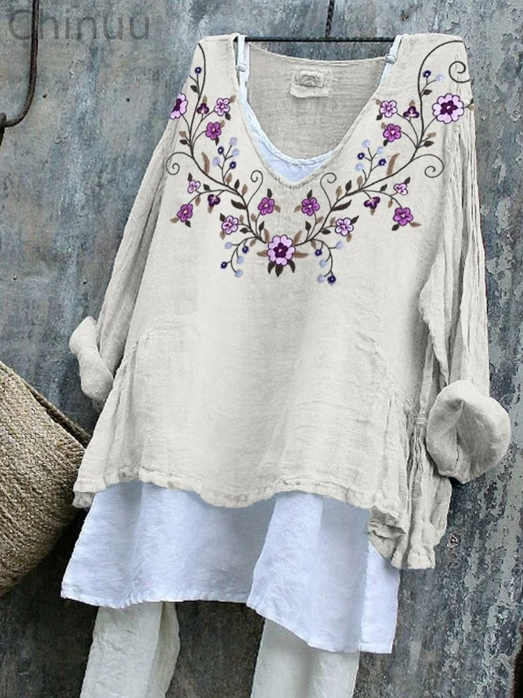Floral Vines Embroidered V Neck Linen Blend Tunic