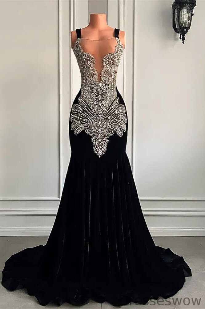 Dresseswow Black Sleeveless Square Mermaid Evening Gowns With Crystals Beadings