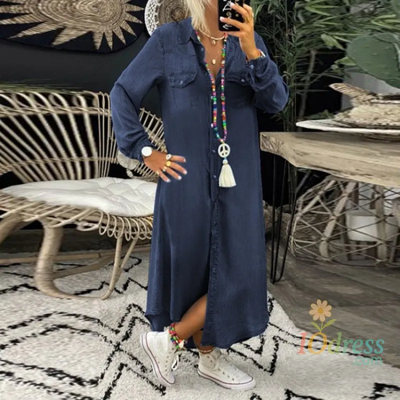 IO Dress Fashion Casual Dress New Women Autumn Elegant Button Long Sleeve Loose Turn-down Collar Solid Office Party Dresses Robe Femme IO Dress Store