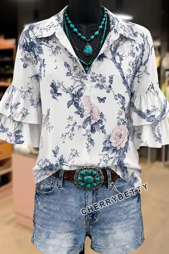 CHERRYBETTY Colorful Floral Print Collared Ruffle Sleeve Top