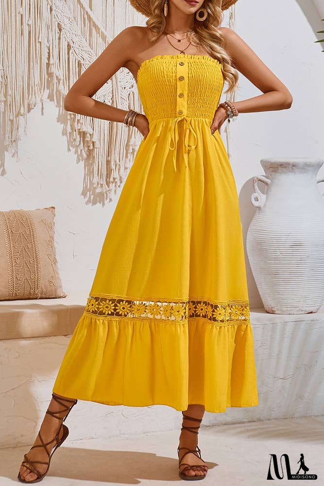 Spring Plain Strapless Smocked Buttoned Maxi Dress SN355