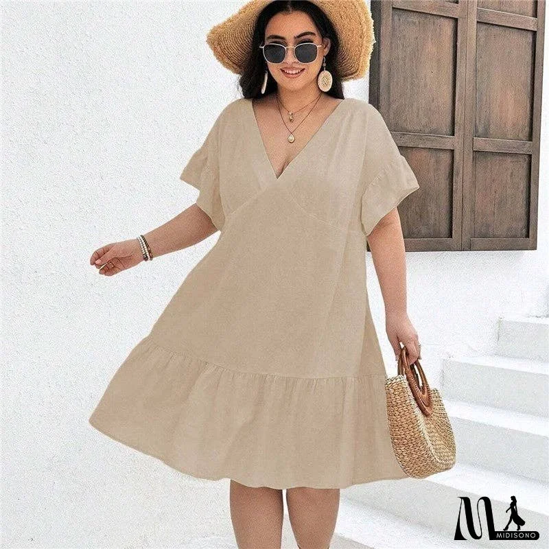 Casual V-Neck Pleated A-Line Midi Dress With High Waist