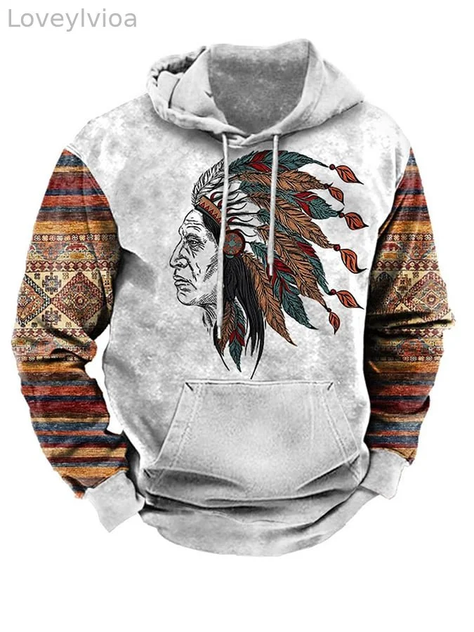 Men's Western Style Printed Loose Hooded Sweatshirt