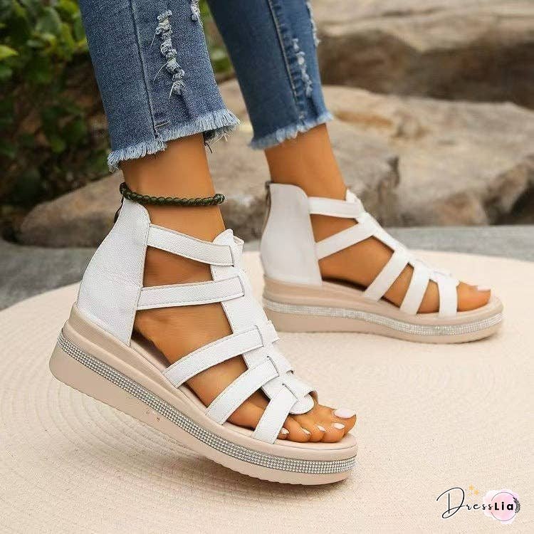 Cutout Rhinestone Trim Wedge Sandals
