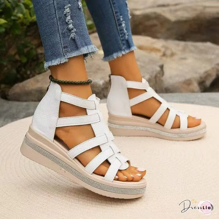 Cutout Rhinestone Trim Wedge Sandals