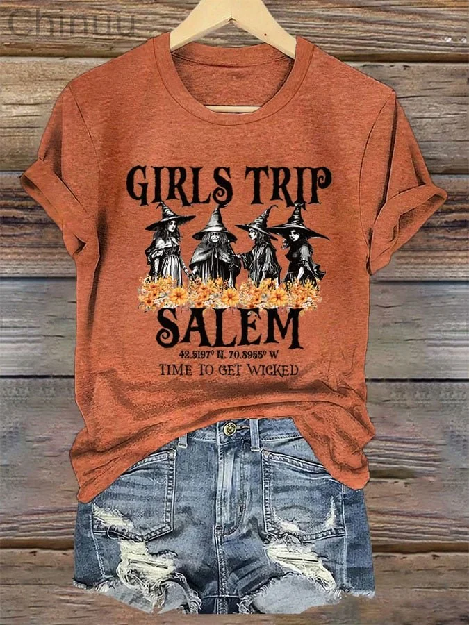 Women's Girl's Trip Salem Time To Get Wicked Halloween Printed T-Shirt 