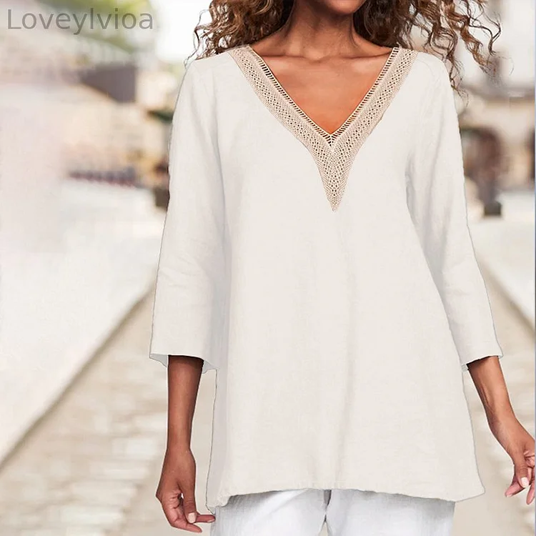 Casual Solid Color Cotton And Linen V-Neck T-Shirt