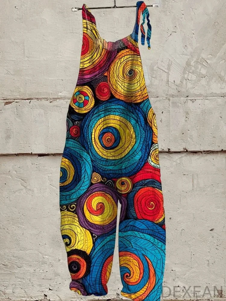 Women's Vintage Abstract Pattern Art Print Casual 100% Cotton Wide Leg Jumpsuit