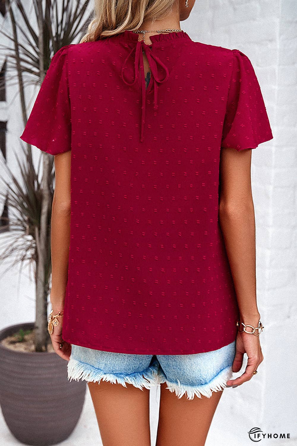 Swiss Dot Smocked Round Neck Short Sleeve Blouse | IFYHOME