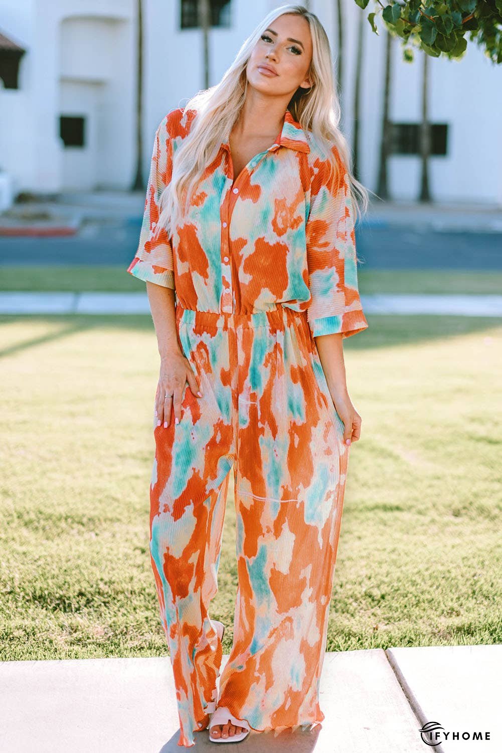 Tie-Dye Collared Wide Leg Jumpsuit | IFYHOME