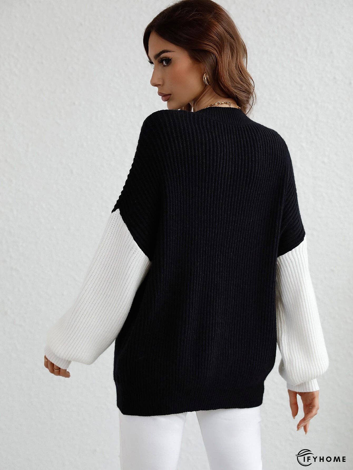 Two-Tone Rib-Knit Dropped Shoulder Sweater | IFYHOME