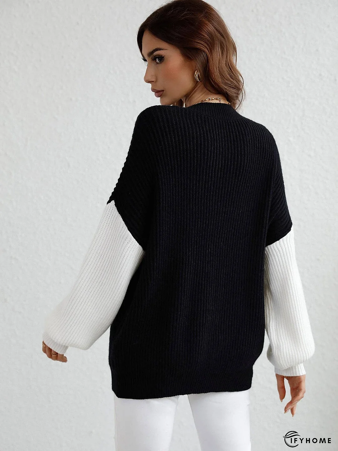 Two-Tone Rib-Knit Dropped Shoulder Sweater | IFYHOME