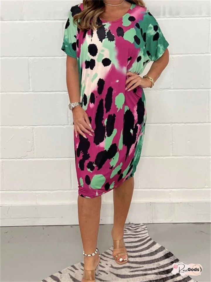 Plus-size Women's Print Casual Short-sleeved Dress Green Pink Yellow-green Gray Red Blue Yellow-pink