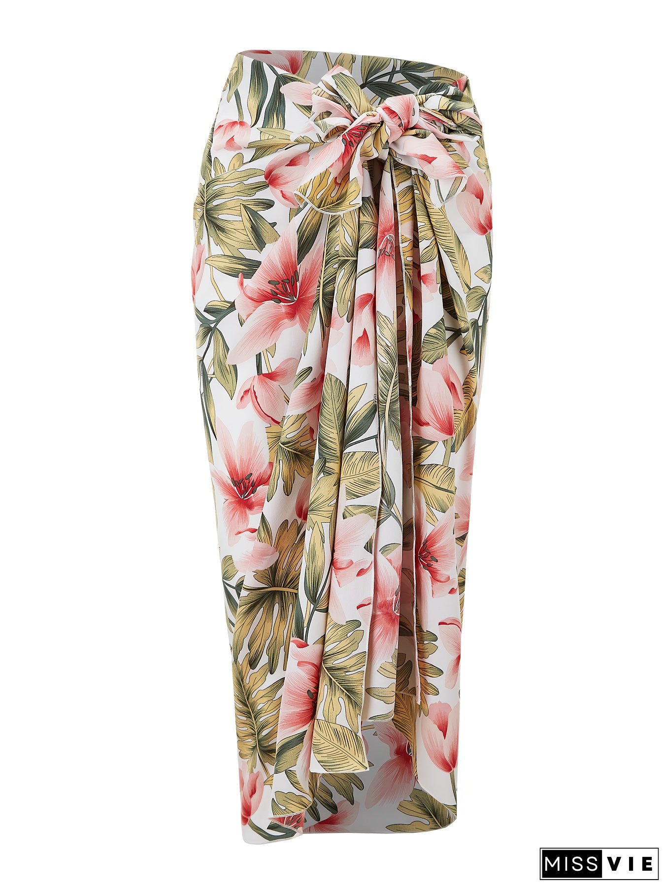 Vibrant Tropical Print Beach Wrap Skirt for Women - Sexy Polyester Cover-Up with Side Tie & Bow Detail, Machine Washable