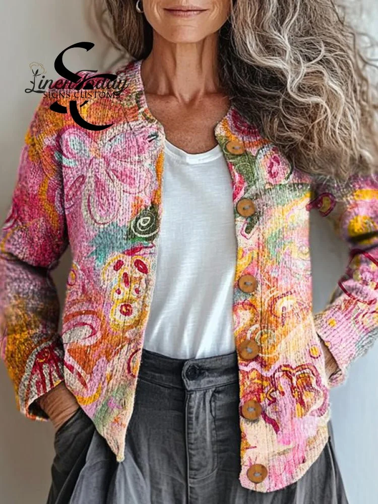 Women's Floral Fantasy Art Print Button Cardigan