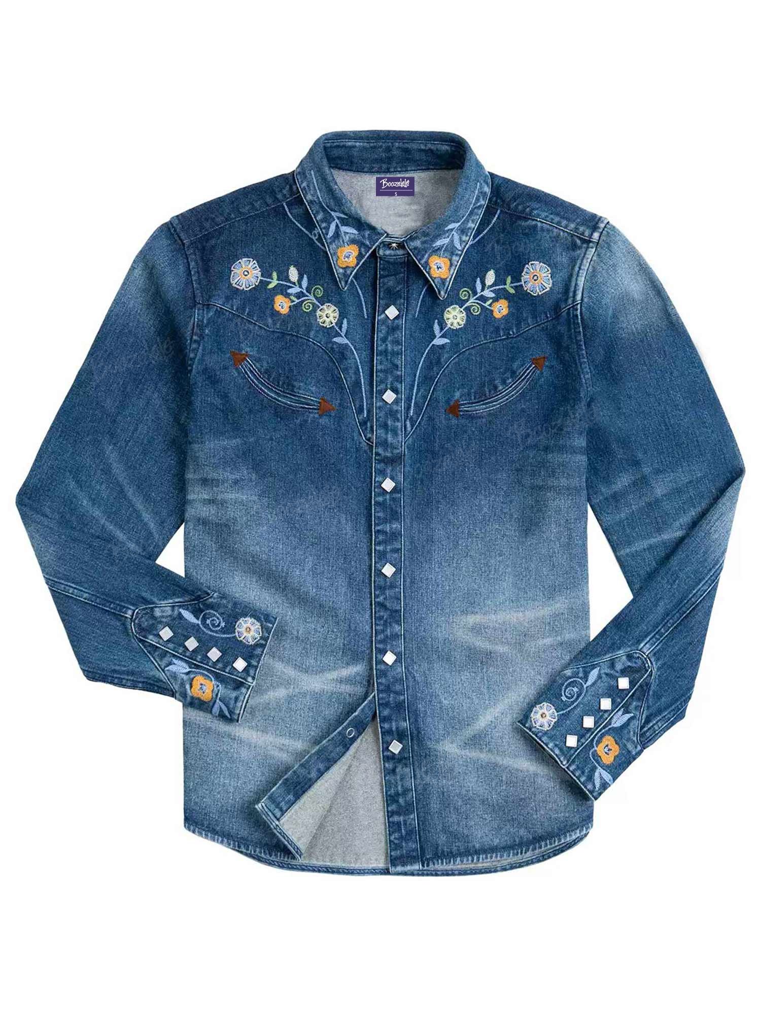 【Embroidery】Washed And Distressed Western Cowboy Denim Shirt