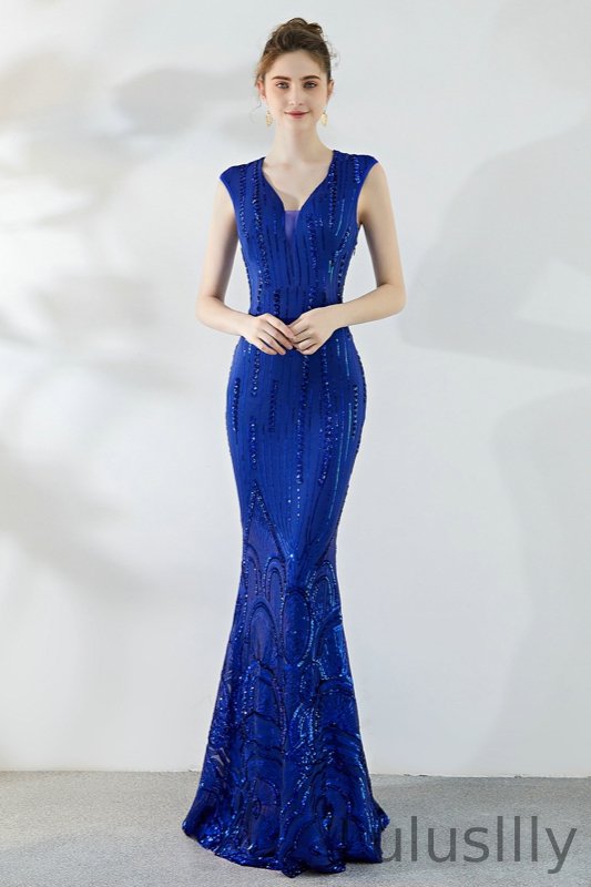 Elegant Cap-Sleeve Sequins Evening Gowns Mermaid Long Prom Dress Online - lulusllly