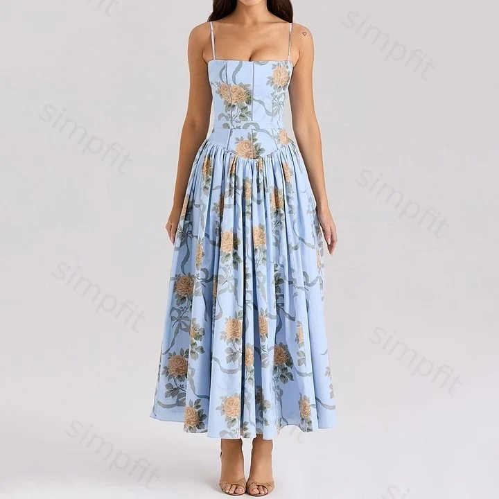 Simpfit Vintage-Maxikleid aus Baumwolle mit Blumendruck und Hosenträgern
