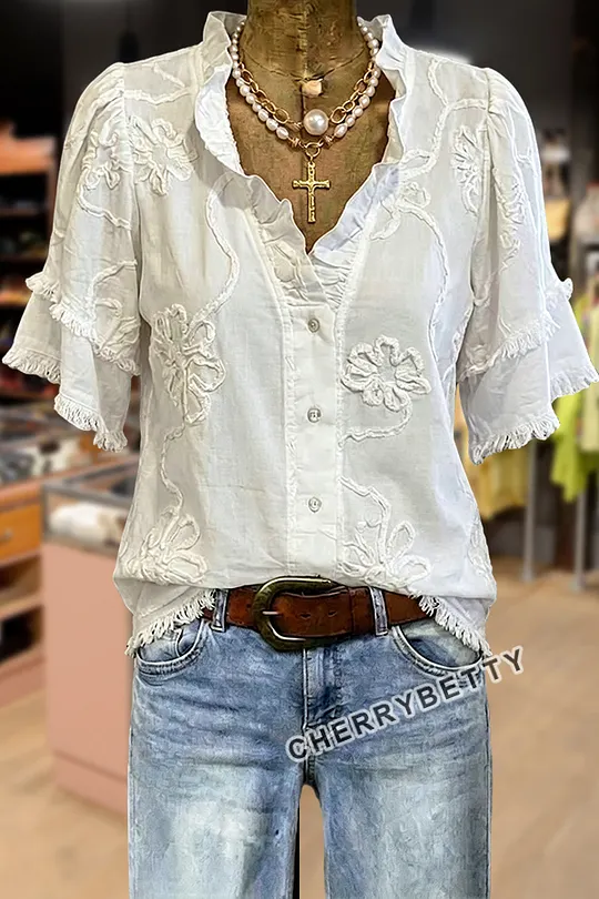 Retro Floral Print V-Neck Short Sleeve Top