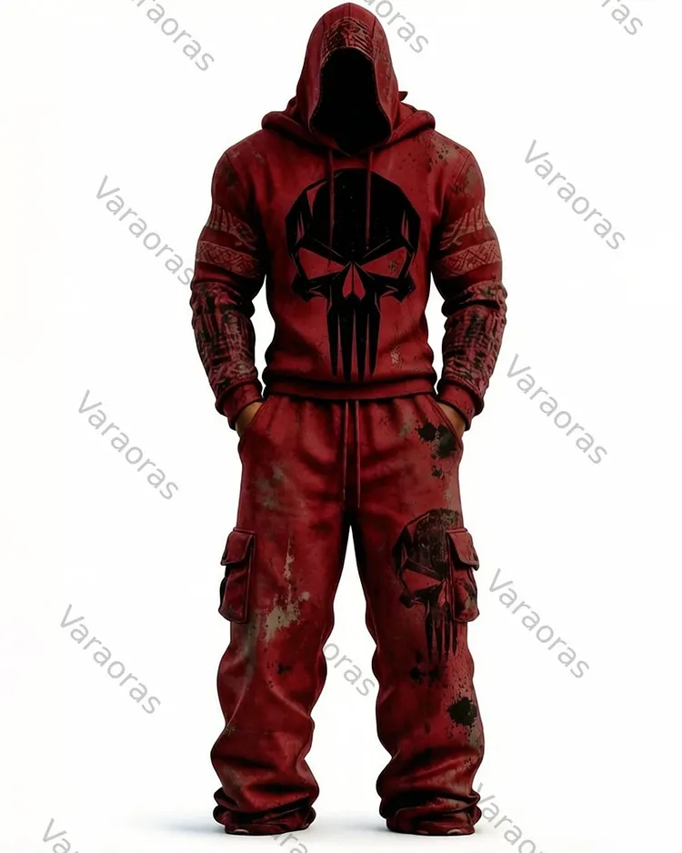 Men's Fashion Skull Contrast Color Embroidered Hoodie & Pants Two-Piece Set 8954