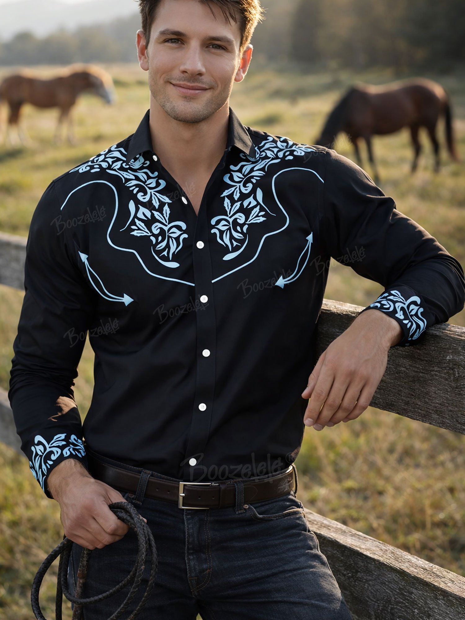 Men'S Western-Style Vintage Patterned Long-Sleeved Shirt- 100% Cotton Shirt