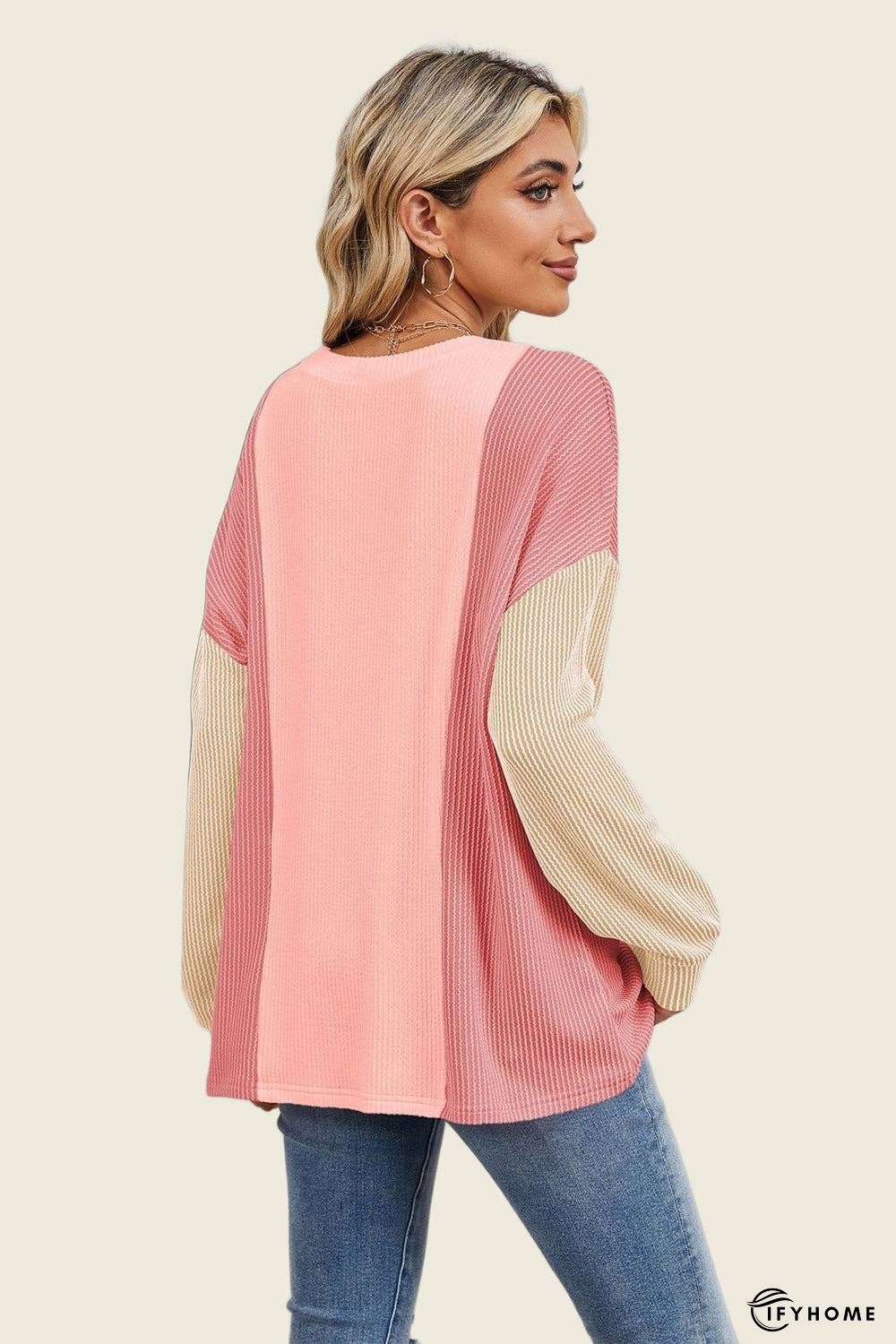Double Take Texture Contrast Round Neck Long Sleeve T-Shirt | IFYHOME