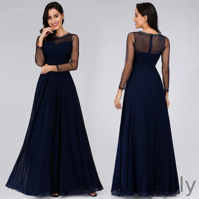 Elegant Navy Evening Gowns Chiffon Sheer Long Sleeve Prom Dress Online - lulusllly