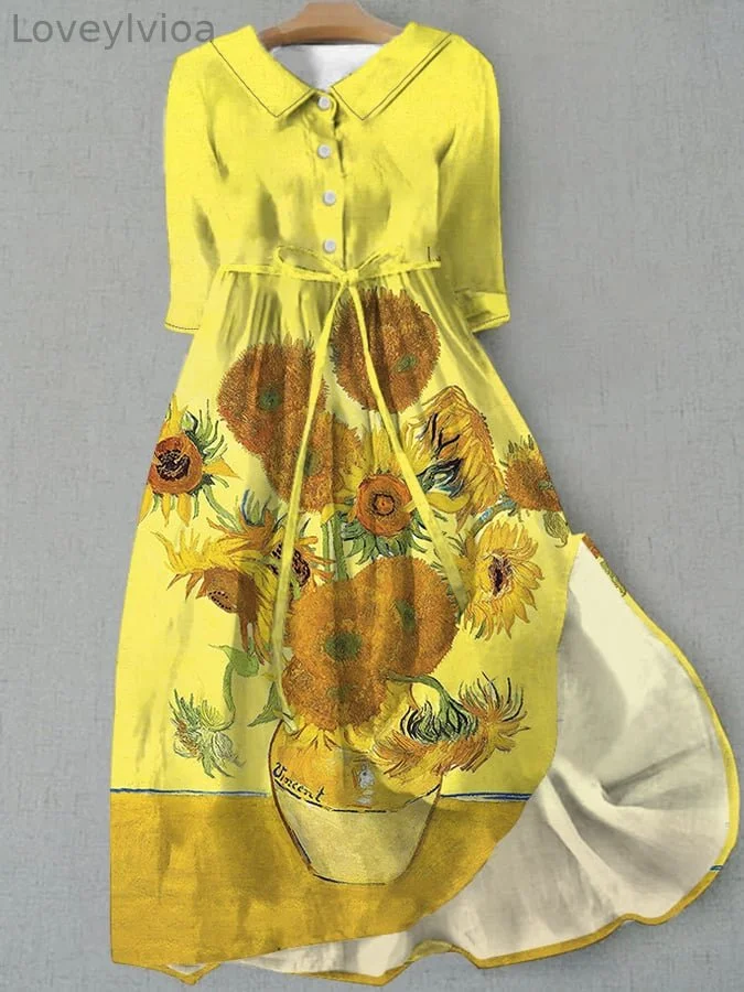 Women's Van Gogh Oil Painting Sunflowers Print Casual Dress