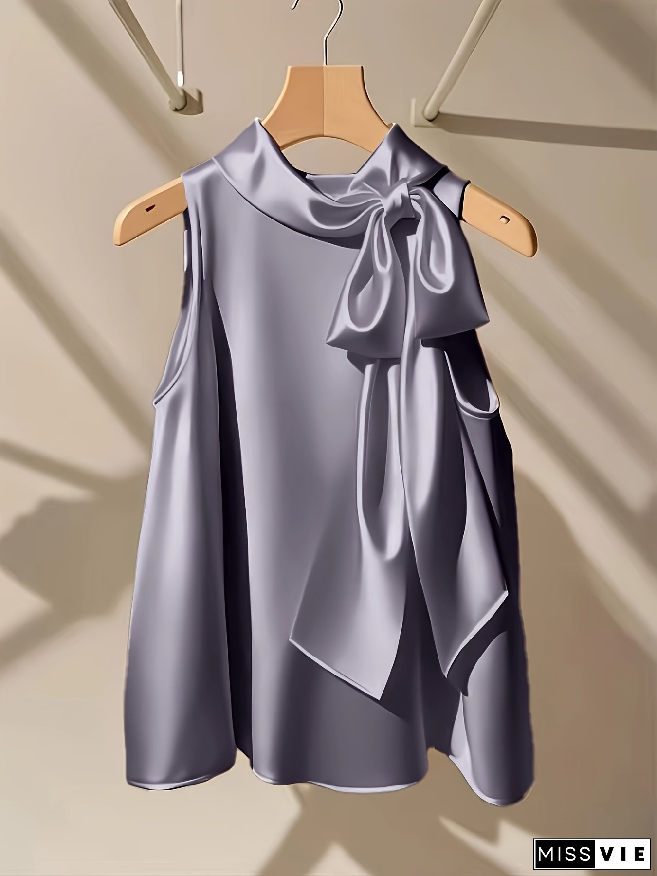 [Elegant Blouse] Mint Green Silky-Like Polyester Blouse | Women's Elegant Round Neck Sleeveless Top, Machine Washable Solid Color Shirt for All-Season Wear with Bow Detail