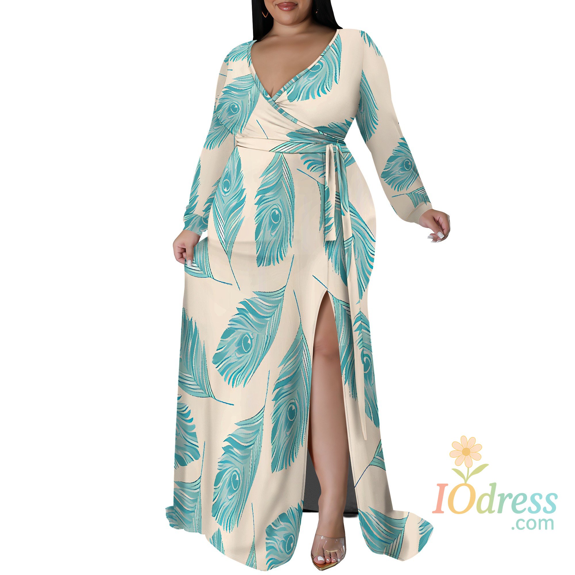 IO Dress EQQZD Long Sleeve V-neck One-Side Slit Dress, Plus Size Colorful Feather Printed Maxi Dress, Summer Casual Dress