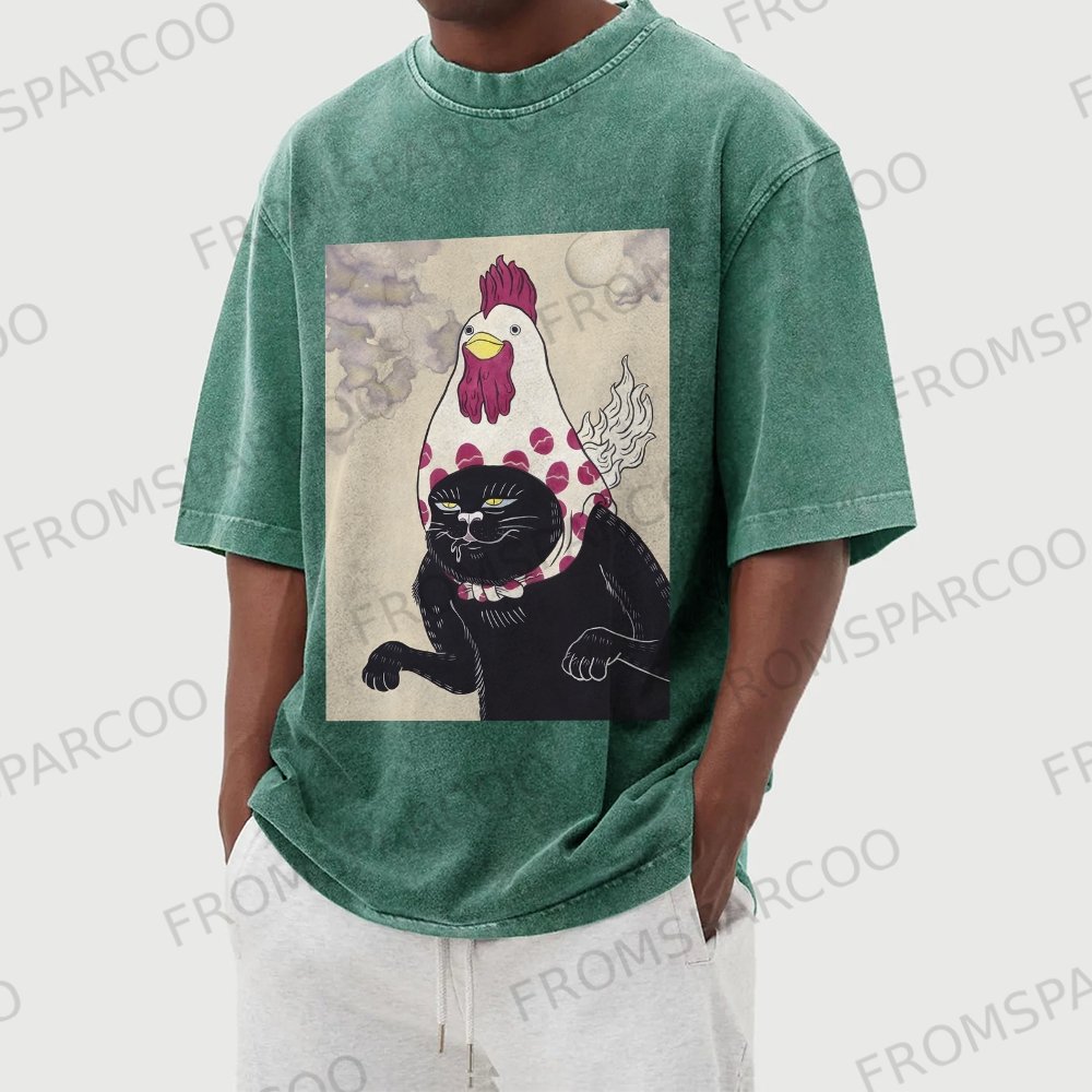 Silly Black Cat Pattern Washed Vintage Short Sleeves T-Shirt