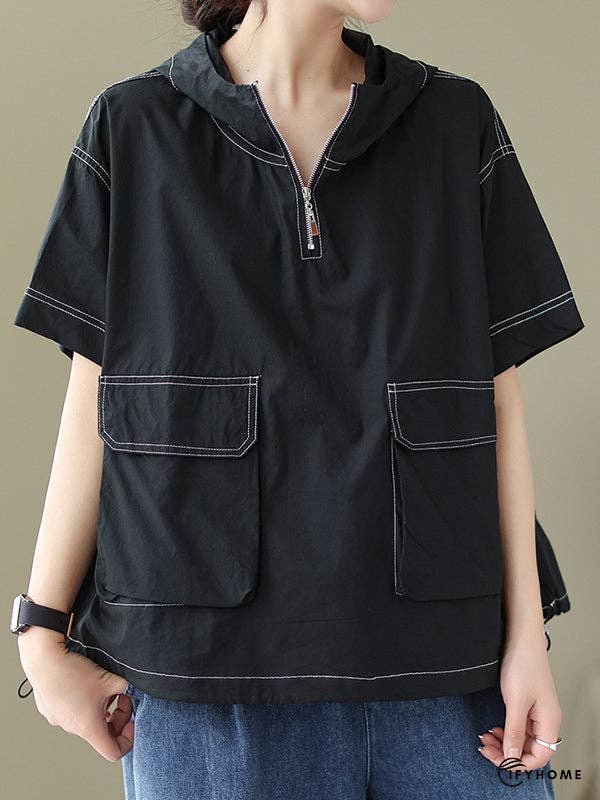 Loose Short Sleeves Zipper Hooded T-Shirts Tops | IFYHOME