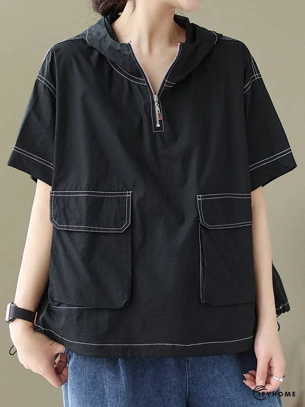 Loose Short Sleeves Zipper Hooded T-Shirts Tops | IFYHOME