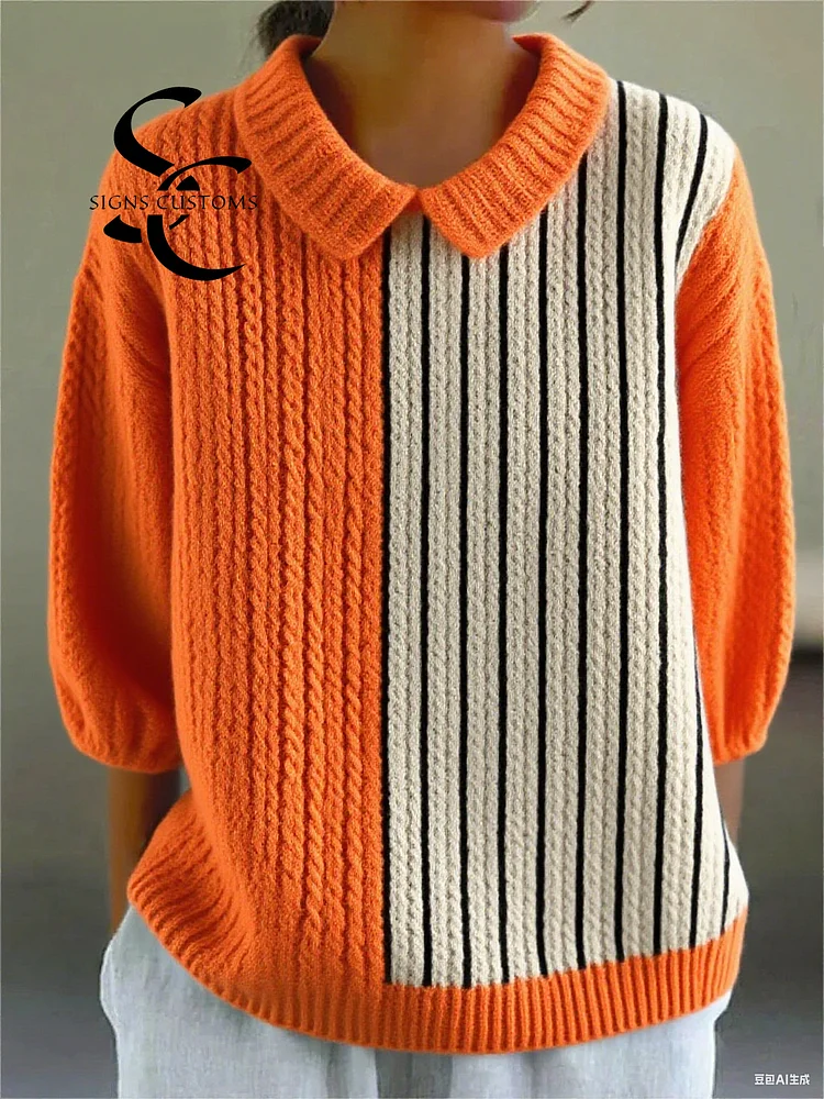 Women's Vintage  Abstract Geometric  Art Print Casual Peter Pan Collar 3/4 Sleeve Sweater