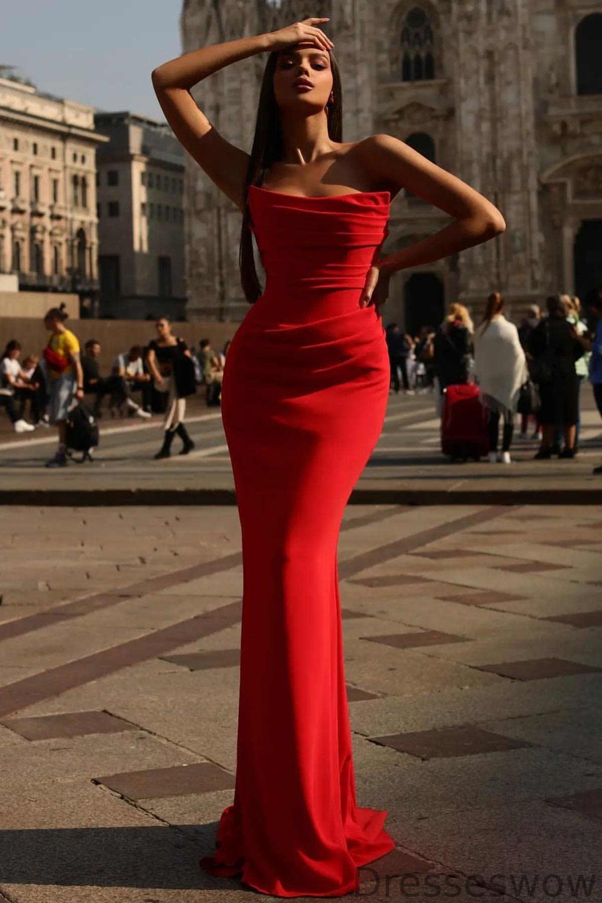 Dresseswow Red Mermaid Prom Dress Strapless Long With Pleats