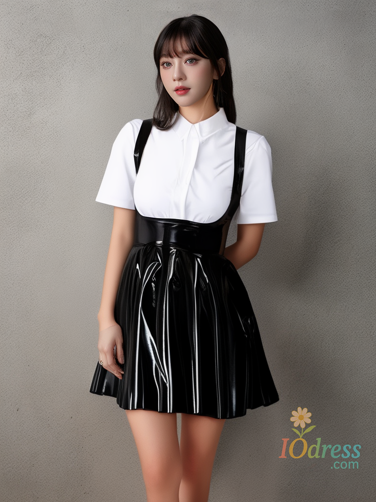 IO Dress Sleeveless Basic Pleated Mini Dress For Women Plus Size PU Faux Leather Sling Dress Side Zipper A-Line Jumper Skirt IO Dress