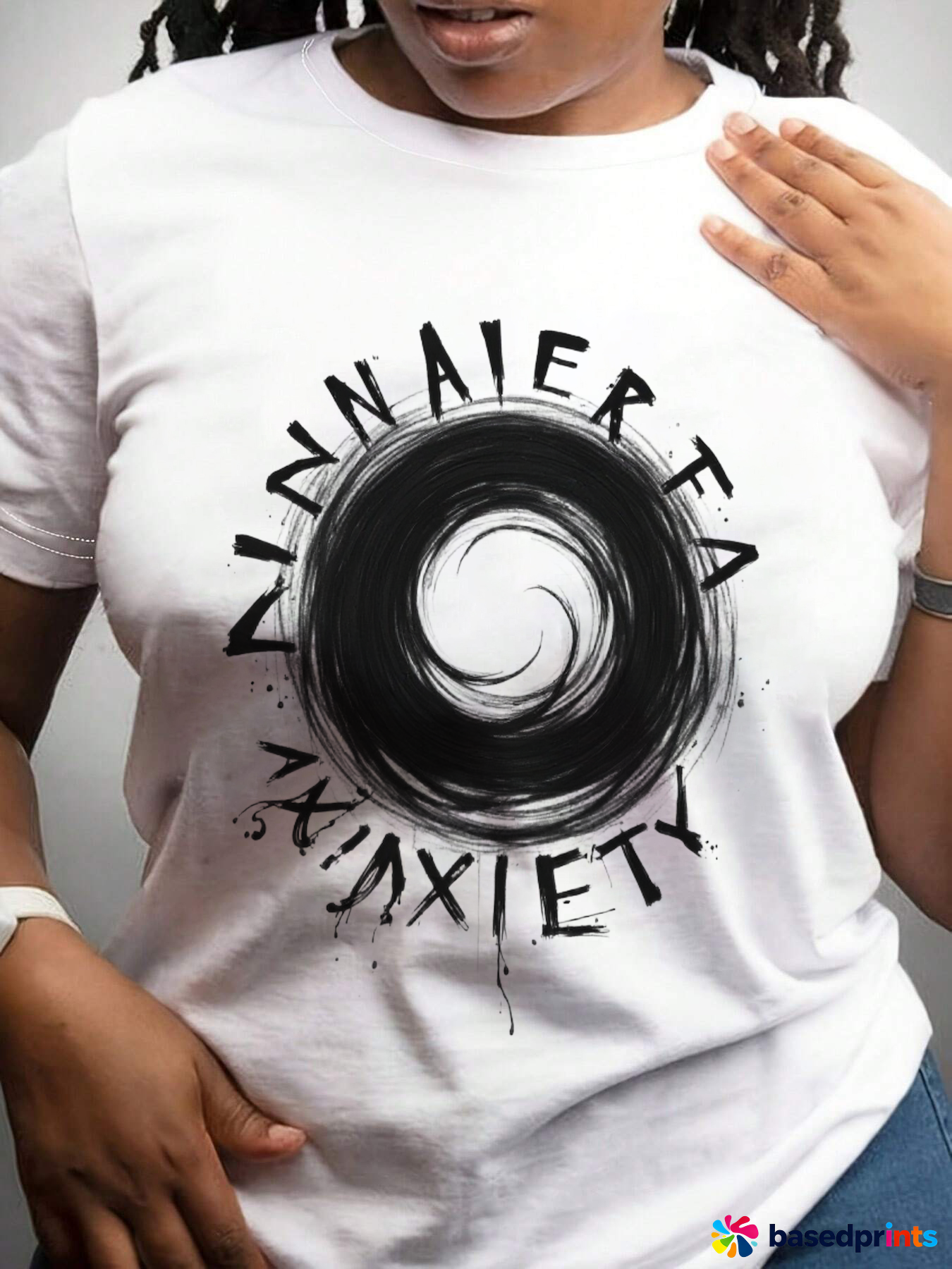 Over-Sized White T-Shirt with Black Spiral Design and Anxiety Text
