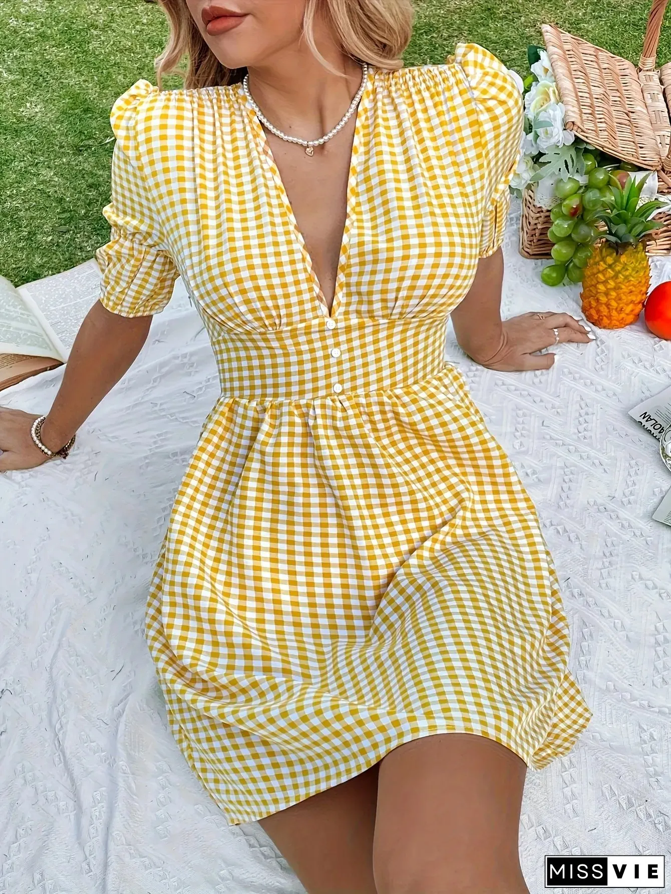 Elegant V-Neck Gingham Print A-Line Dress For Women Slimming Waist Puff Sleeves Yellow