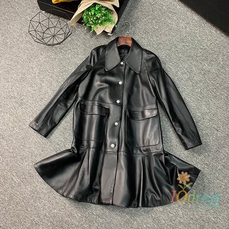 IO Dress Women Sheepskin Ruffle Dress Designer Single Breasted Slim Trench Coat Autumn Winter New Vintage A-Line Real Leather Dress IO Dress