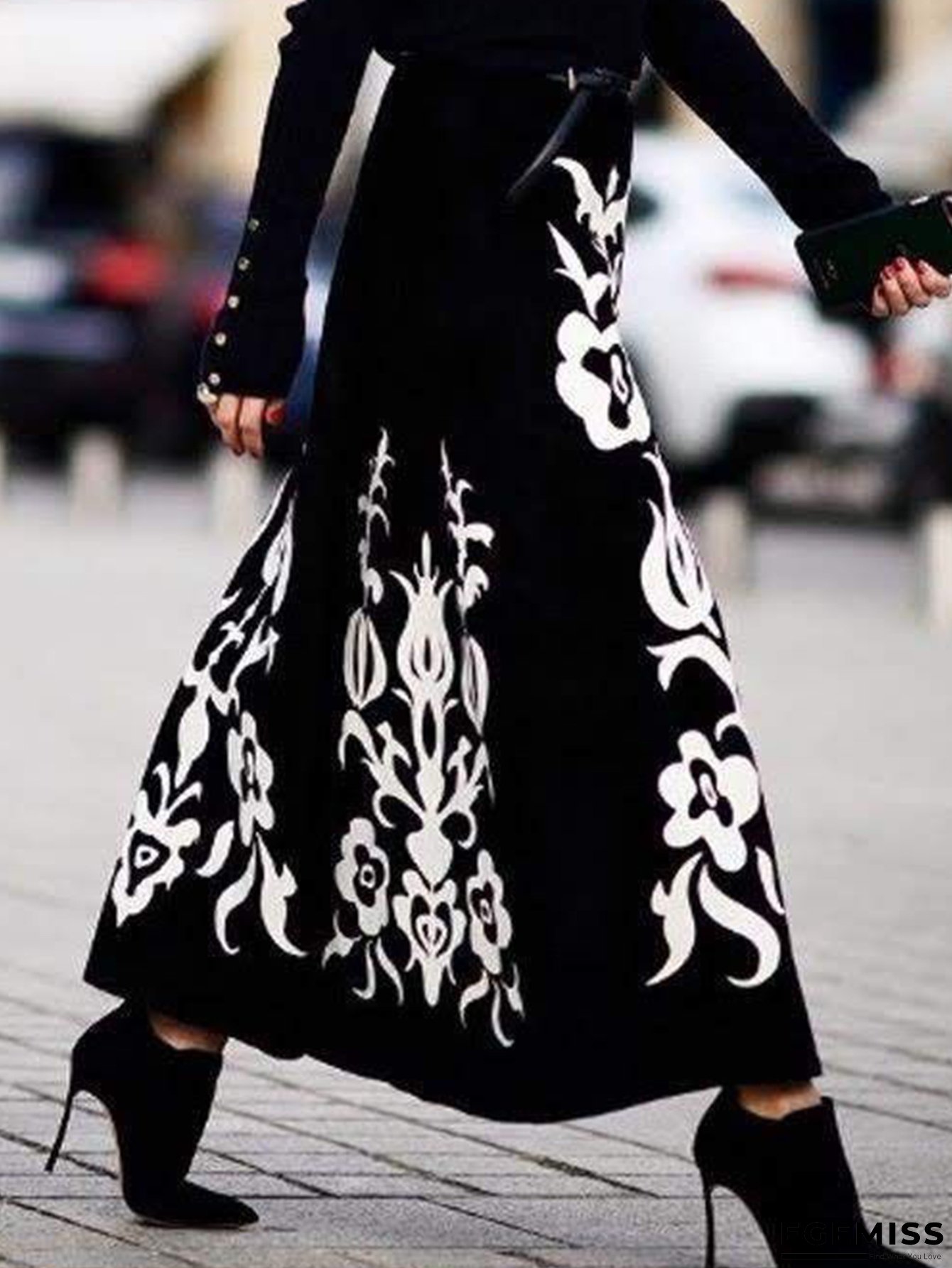 Women&lsquo;s Casual Geometric Print Midi Skirt - Black with White Floral Pattern, High-Waisted, Long Length, Perfect for Spring and Fall, Casual Attire|Floral Print Skirt|Waisted Skirt | EGEMISS