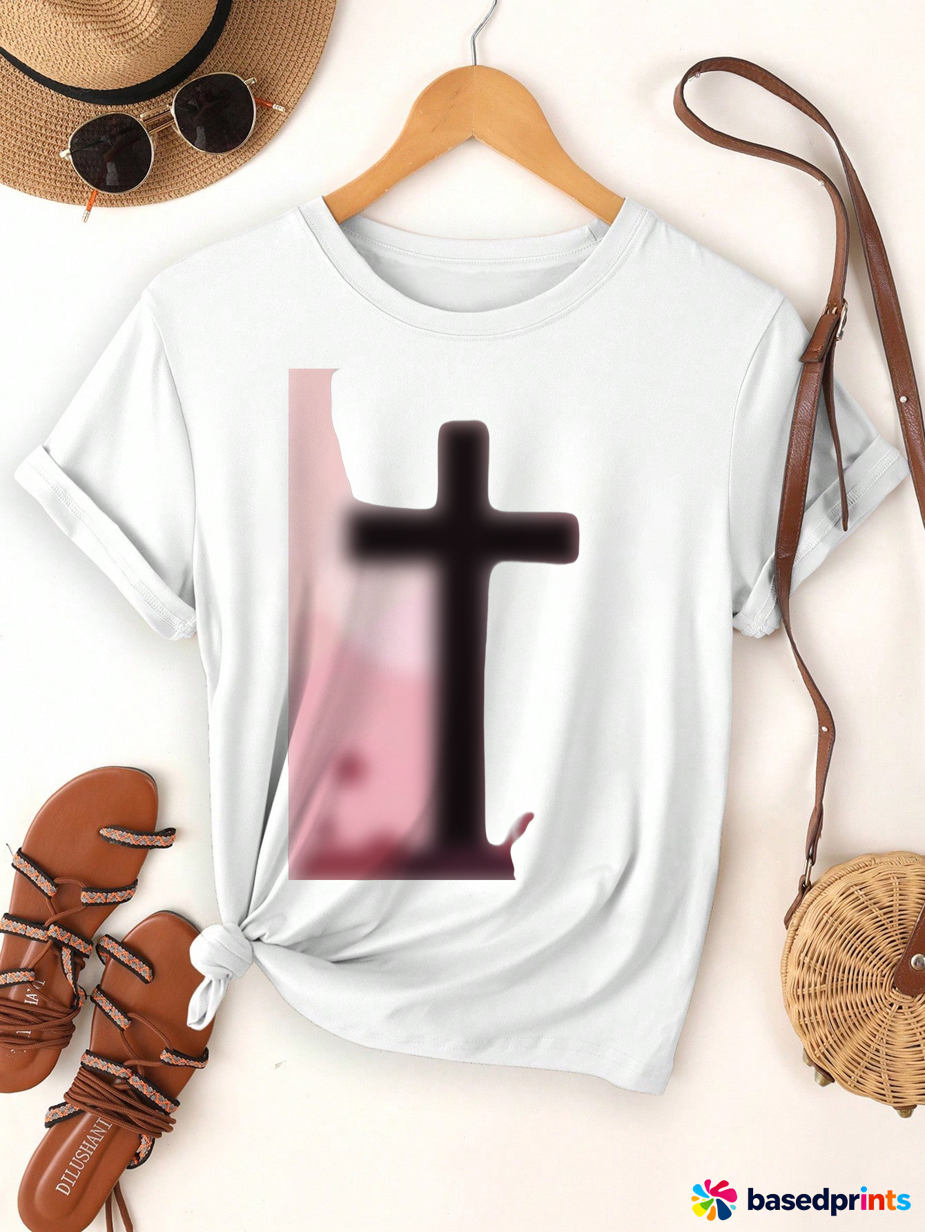 White Cross T-Shirt Women Casual Short Sleeve Tops