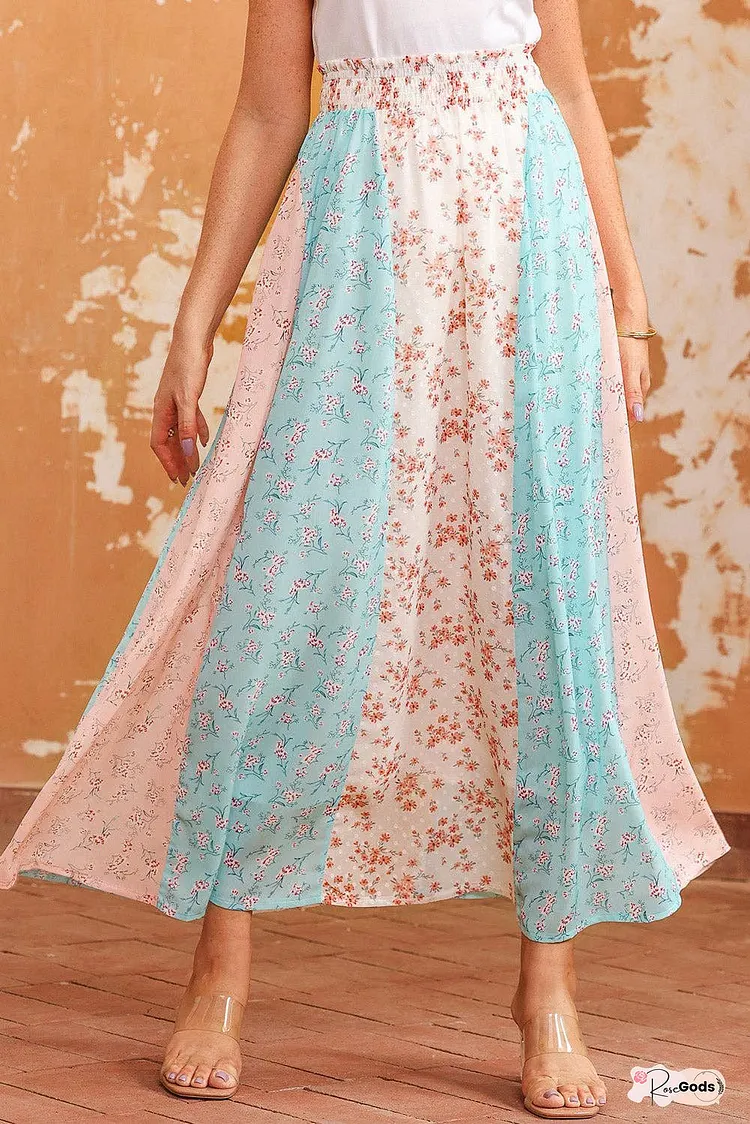 Floral Color Block Smocked Waist Maxi Skirt