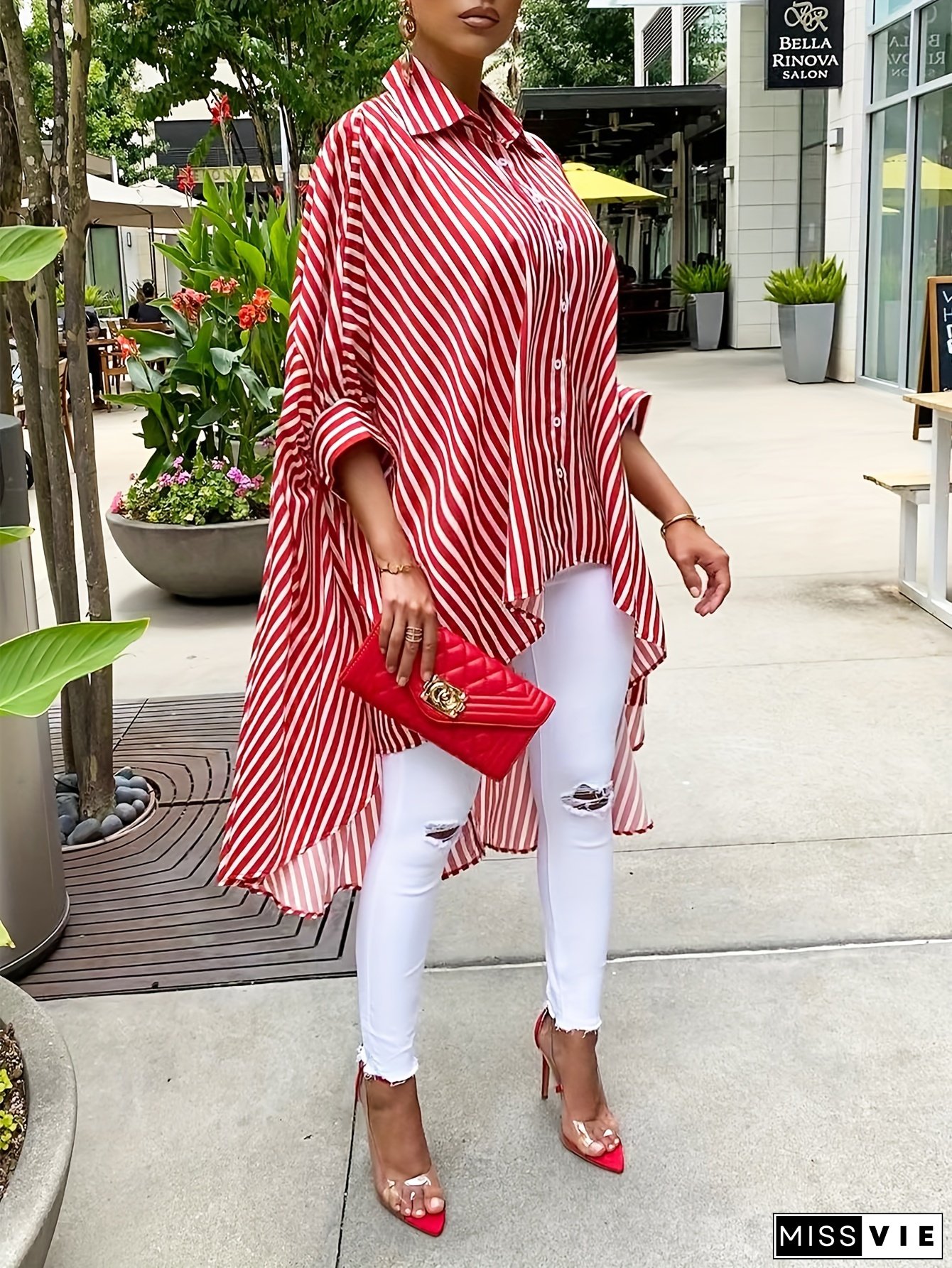 Striped Print High Low Hem Shirt, Casual Long Sleeve Button Up Shirt, Women's Clothing