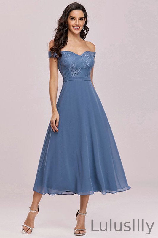 Off-the-Shoulder Dusty Blue Lace Evening Gown - lulusllly