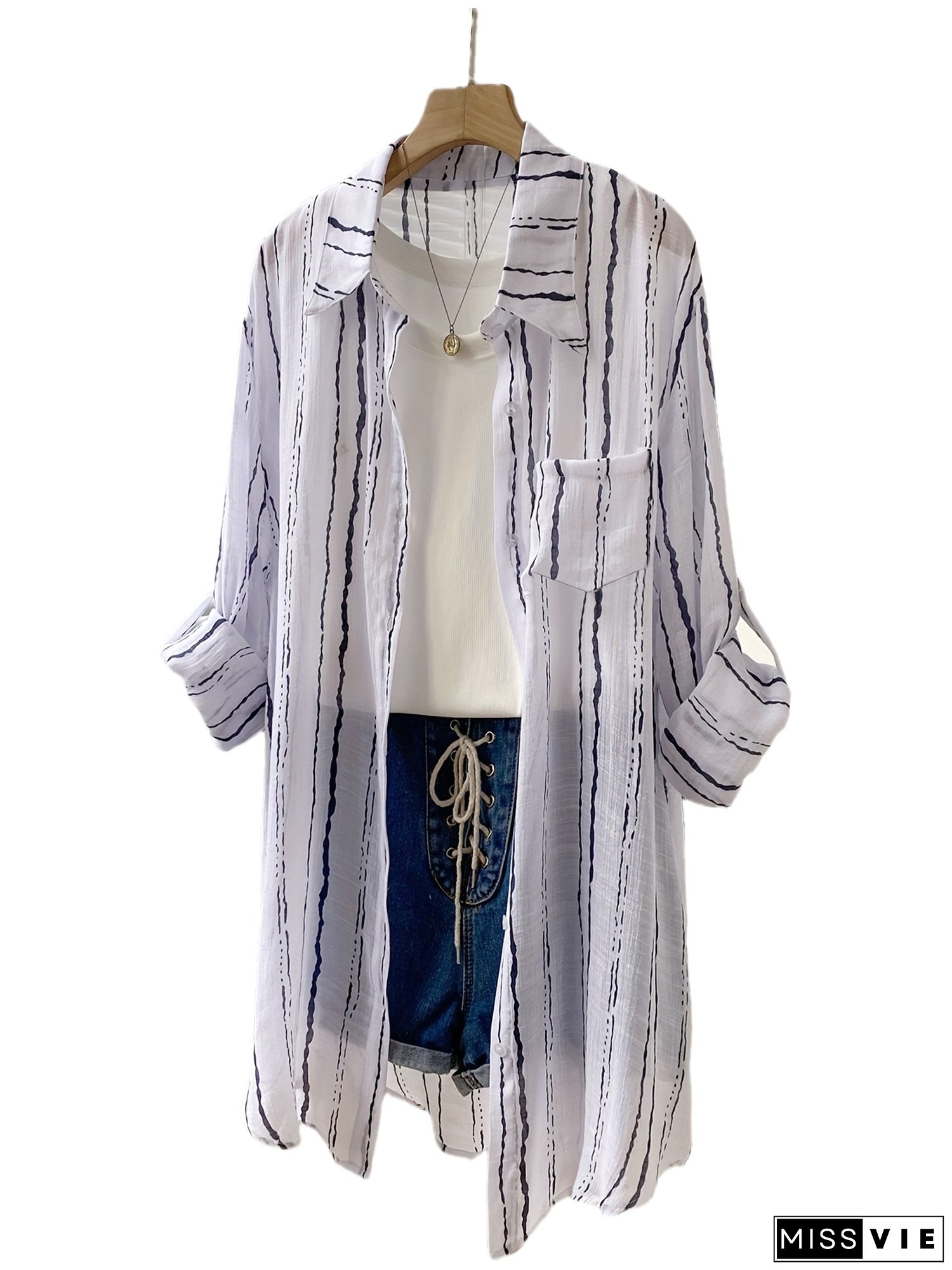 Women's Lightweight Semi-Sheer Striped Long Sleeve Shirt - Relaxed Fit Collar Button-Up Cardigan with Pockets, All-Season Casual Chic Office Wear, Machine Washable Loose Fit Blouse, Summer Outerwear, Wide Sleeve Design, Subtle Pattern Detail