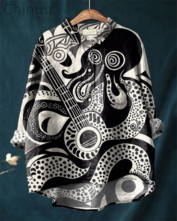 Japanese Octopus Music Art Cotton and Linen Casual Shirt