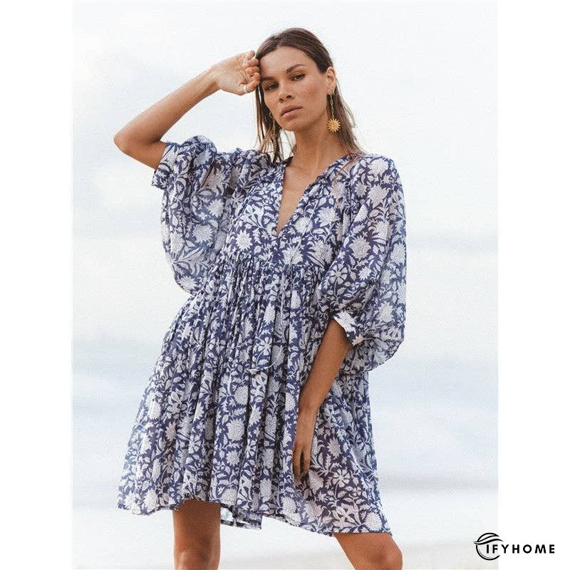 Half Sleeves V-Neck Floral Printed Casual Loose Mini Dress | IFYHOME